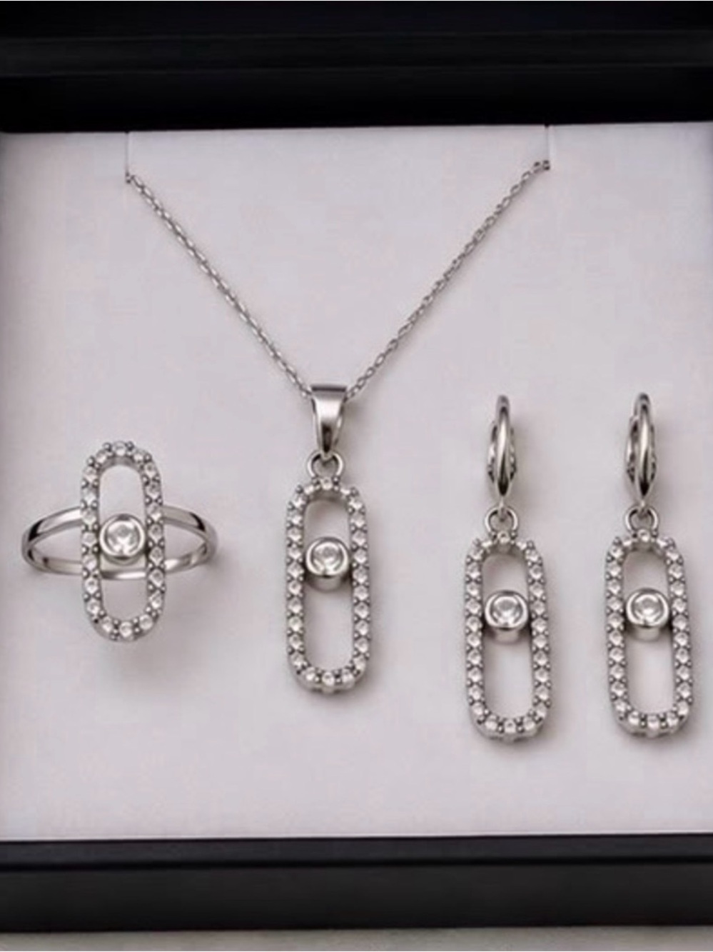 Silver Crystal Link Jewelry Set - Necklace, Ring & Earrings
